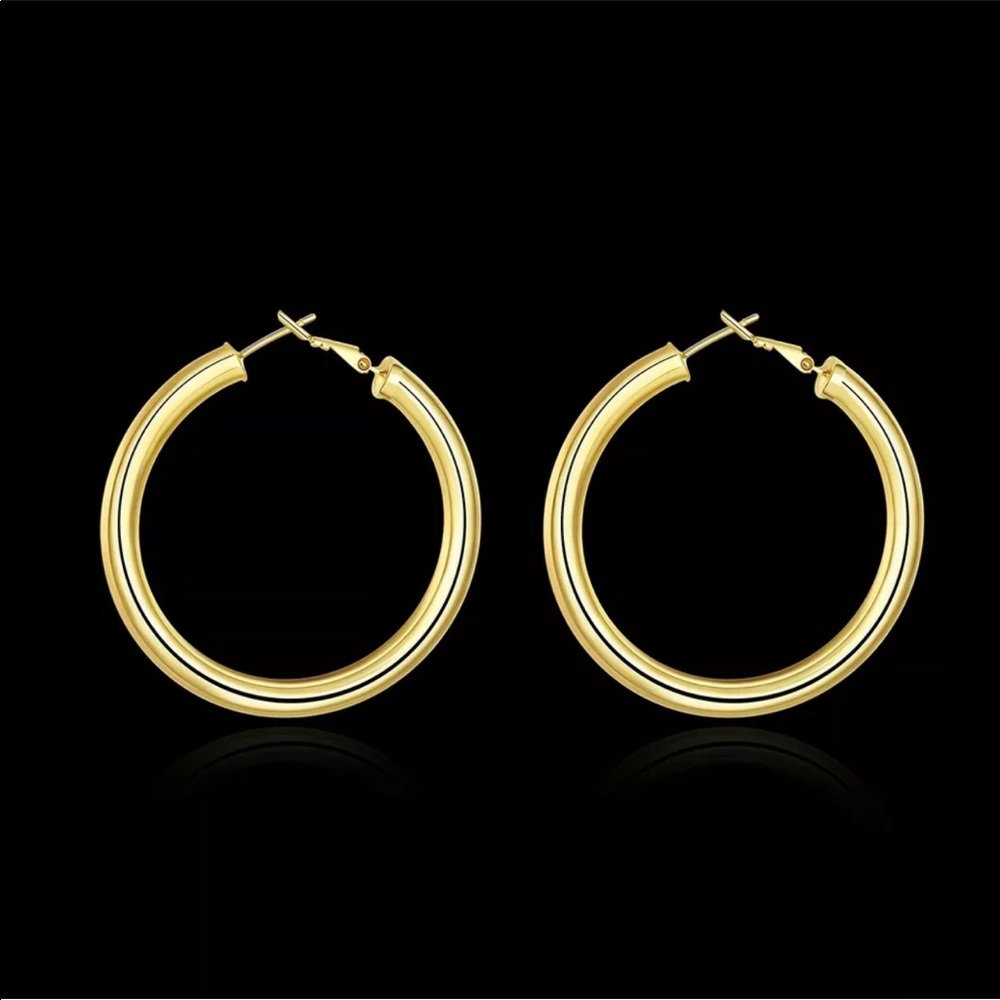 New Yellow GP thick Light Weight Hoop Earrings - Picture 4 of 7
